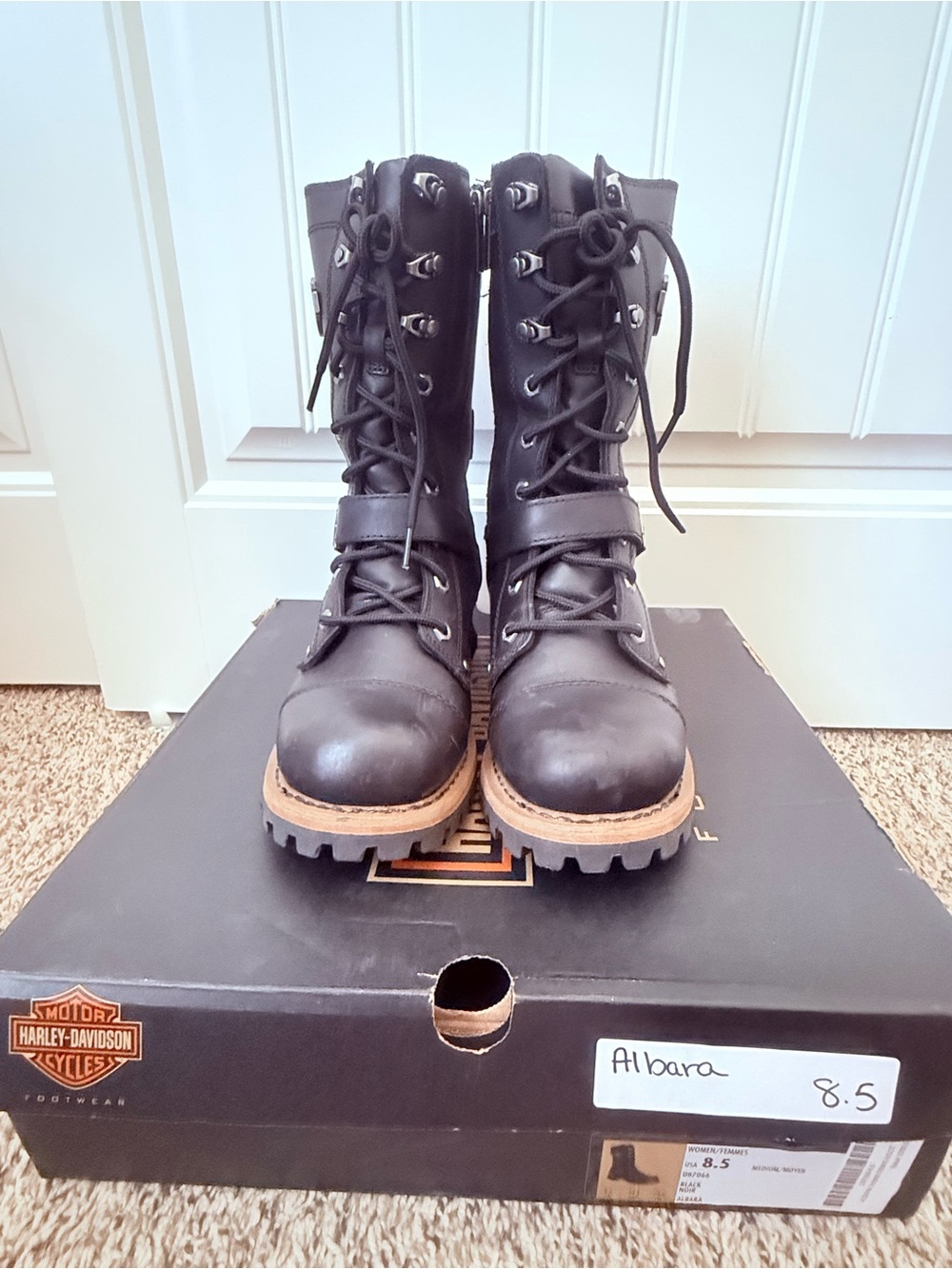 Harley-Davidson Black Leather Combat Boots with Tan Lug Sole